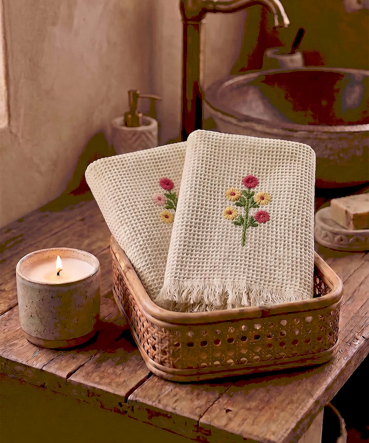 Embroidered Hand Towel - Set of 2 pcs in Soft Cotton Waffle | Beige