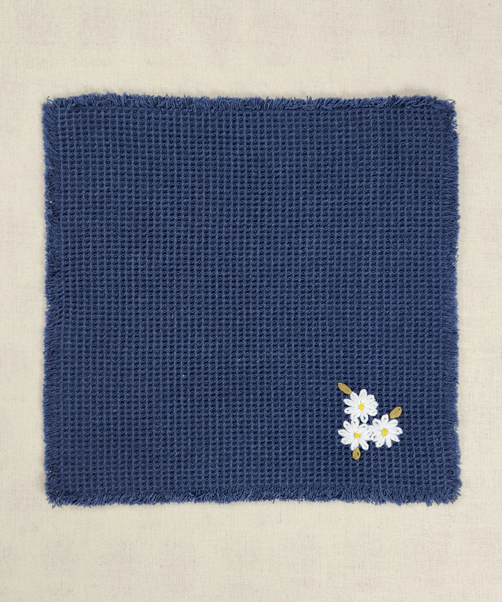 Embroidered Face Towel - Set of 4 pcs in Soft Cotton Waffle | Navy
