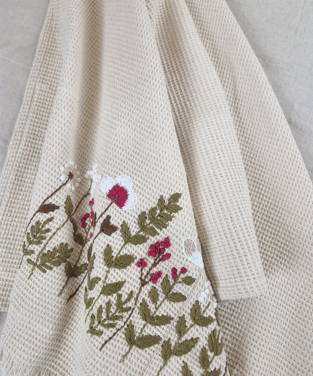 Embroidered Bath Towel | Soft Cotton Waffle | Beige
