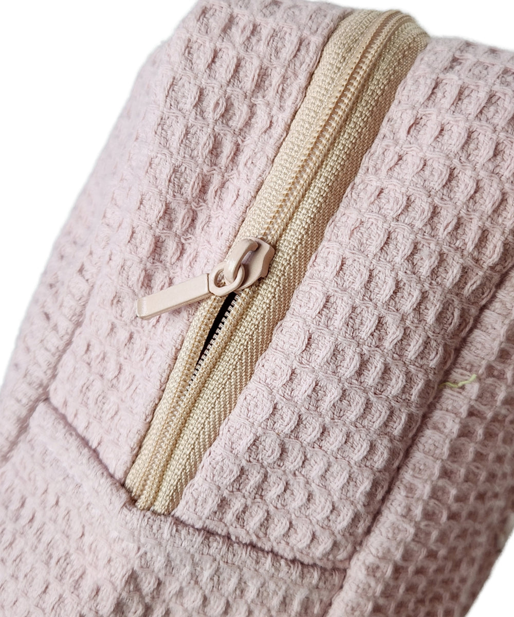 Dusty Pink Boho Bloom Hand Embroidered Cotton Waffle Pouch