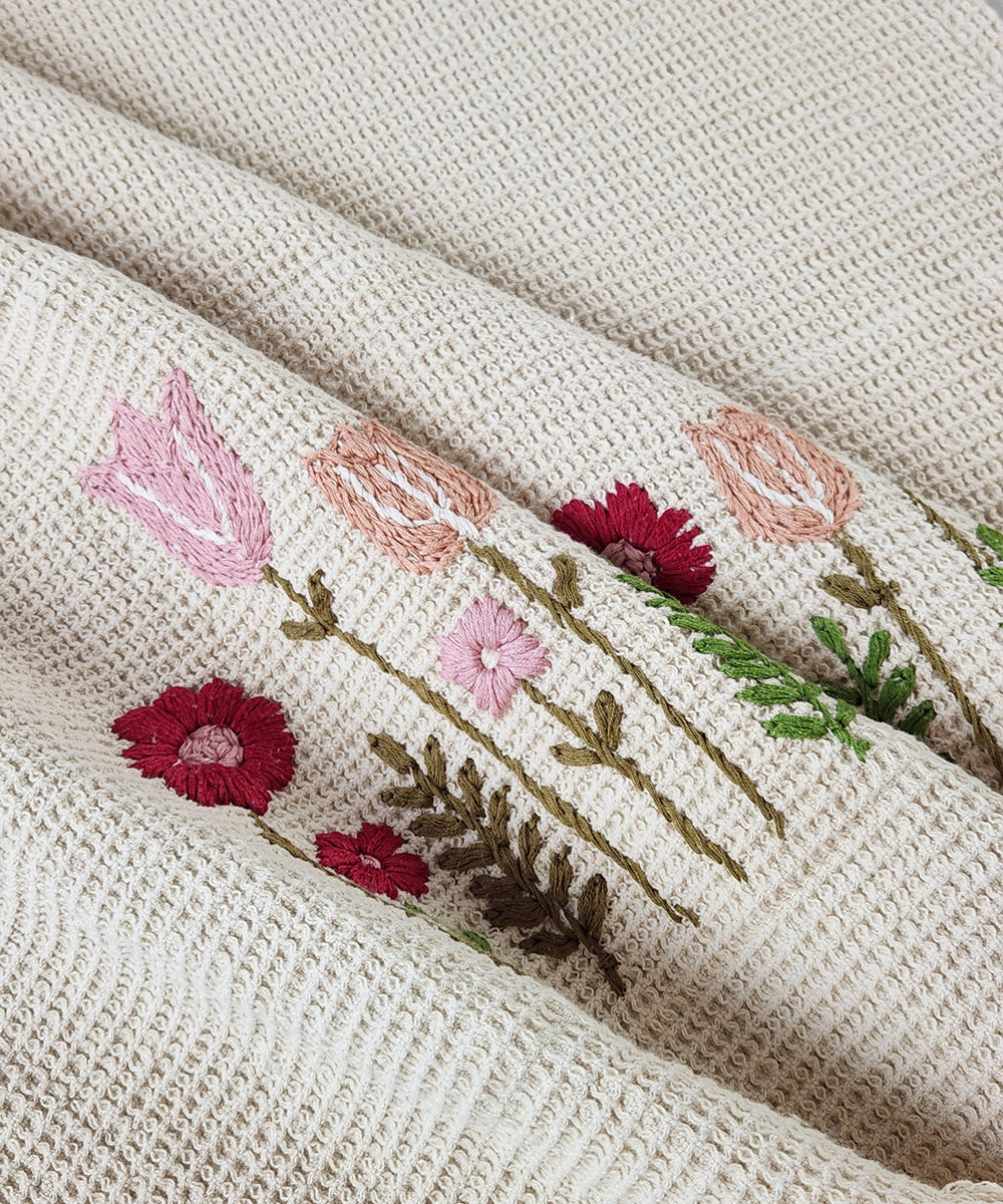 Embroidered Bath Towel | Soft Cotton Waffle | Beige