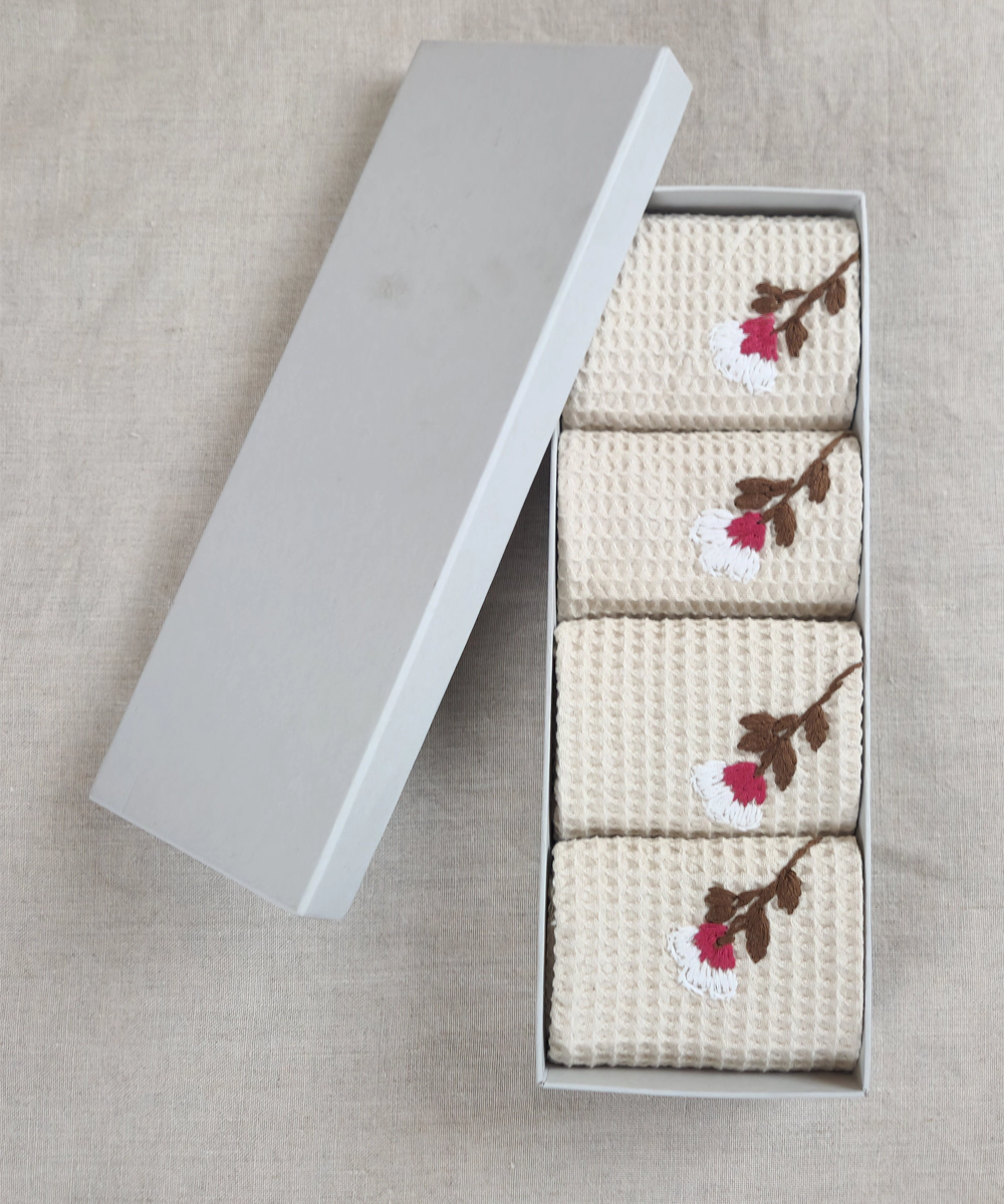 Embroidered Face Towel - Set of 4 pcs in Soft Cotton Waffle | Beige