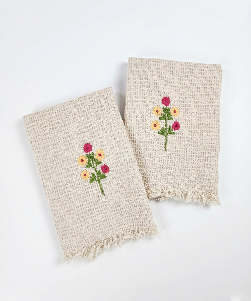Embroidered Hand Towel - Set of 2 pcs in Soft Cotton Waffle | Beige
