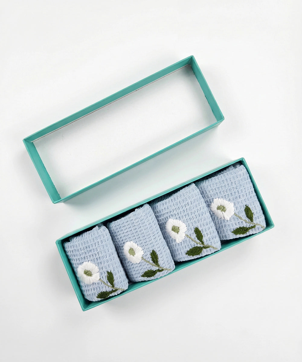 Embroidered Face Towel - Set of 4 pcs in Soft Cotton Waffle | Light Blue