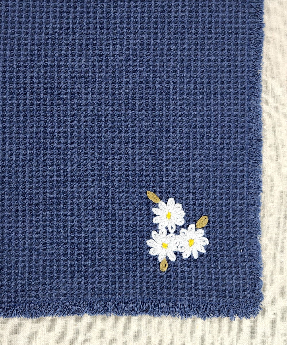 Embroidered Face Towel - Set of 4 pcs in Soft Cotton Waffle | Navy