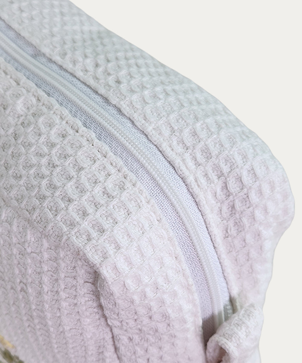Off White Saffron Spring Hand Embroidered Cotton Waffle Pouch