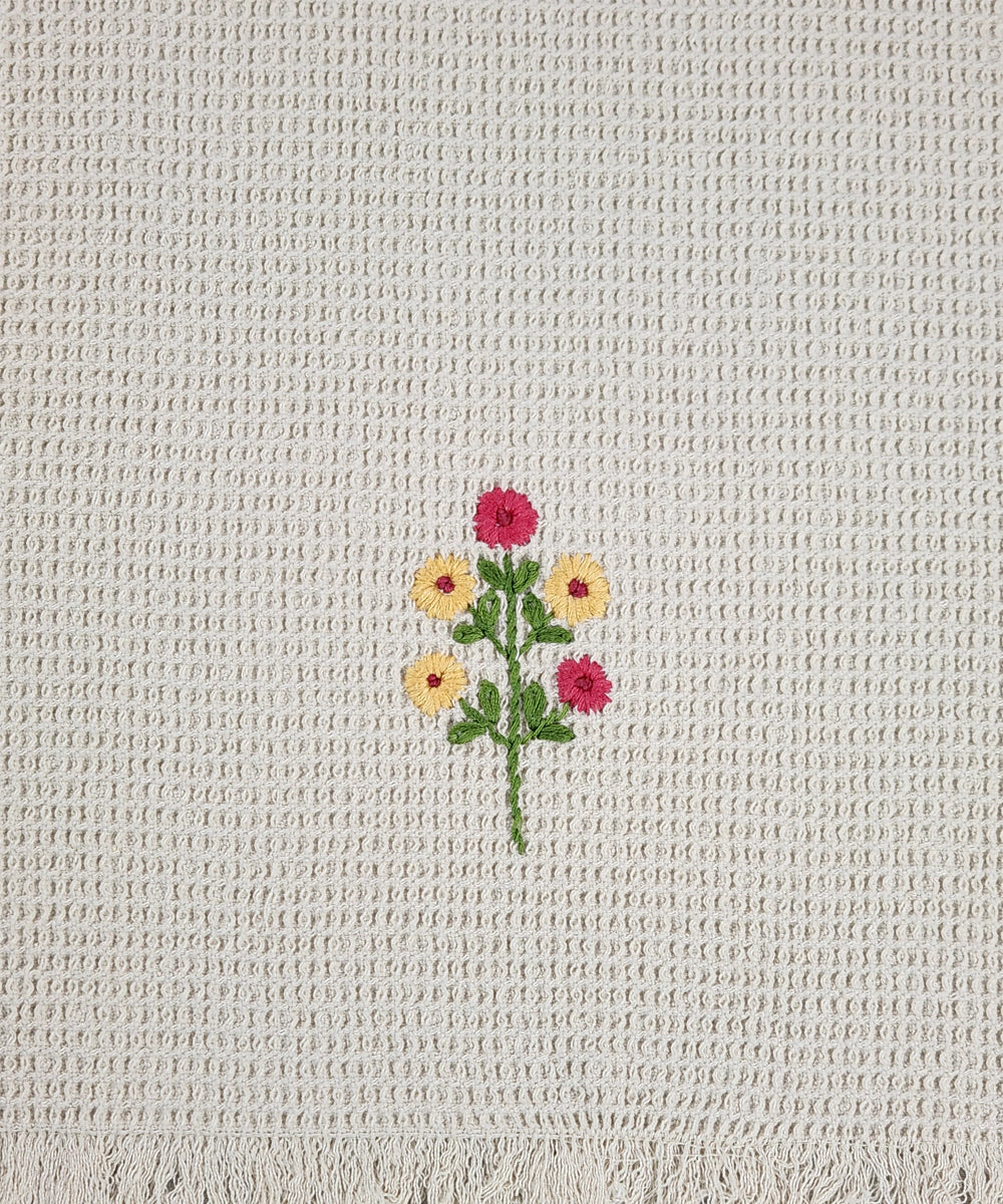 Embroidered Hand Towel - Set of 2 pcs in Soft Cotton Waffle | Beige
