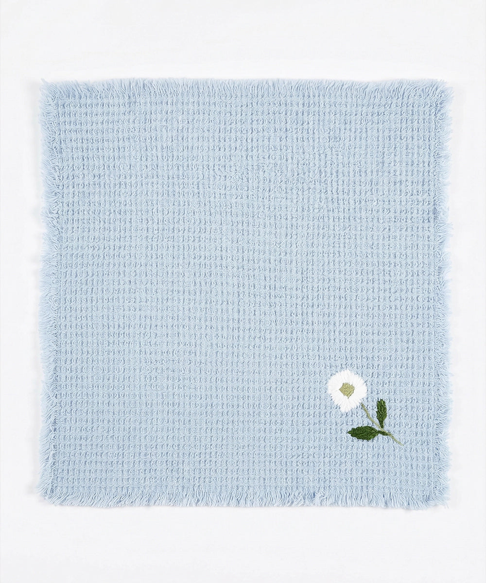 Embroidered Face Towel - Set of 4 pcs in Soft Cotton Waffle | Light Blue
