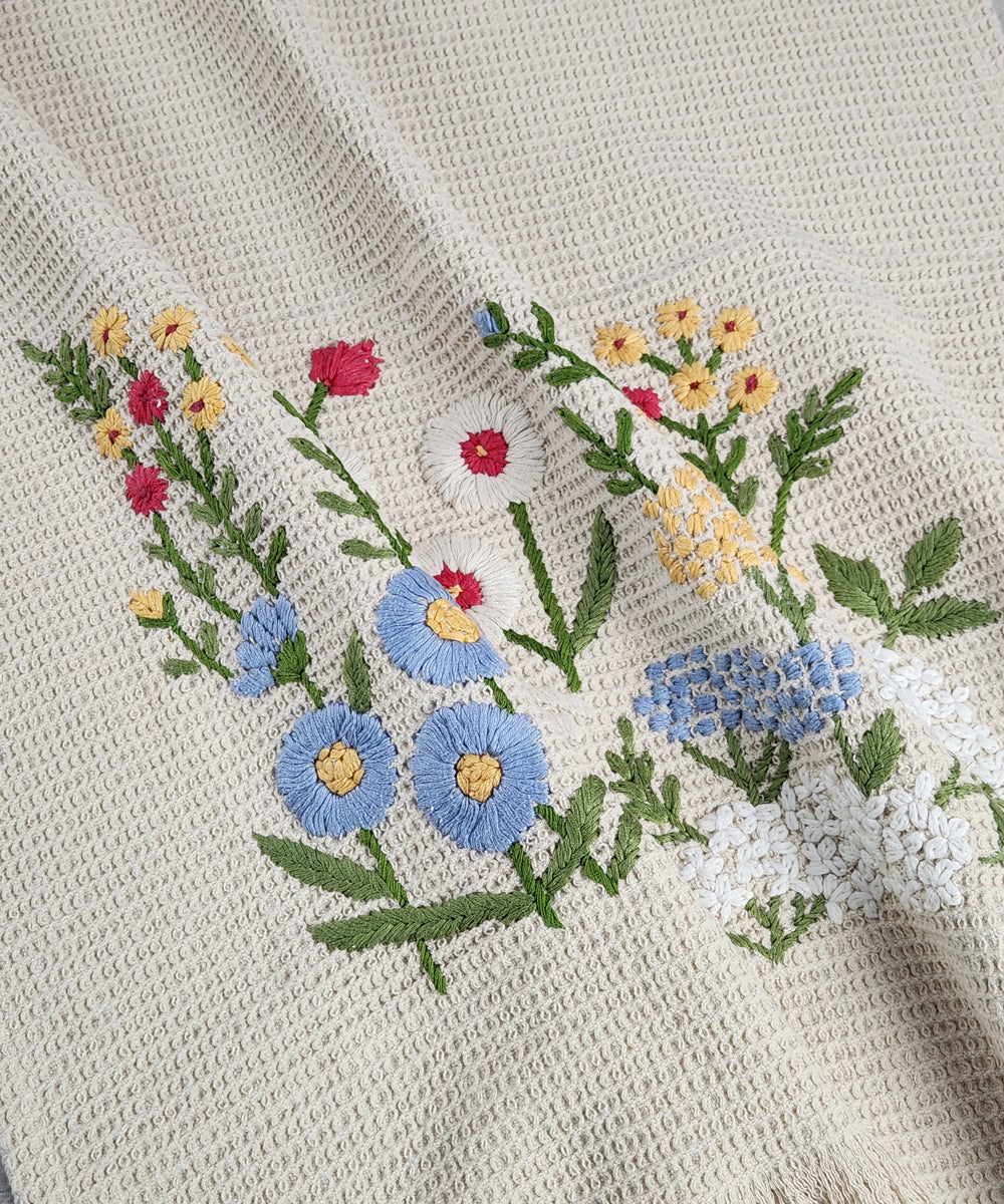 Embroidered Bath Towel | Soft Cotton Waffle | Beige