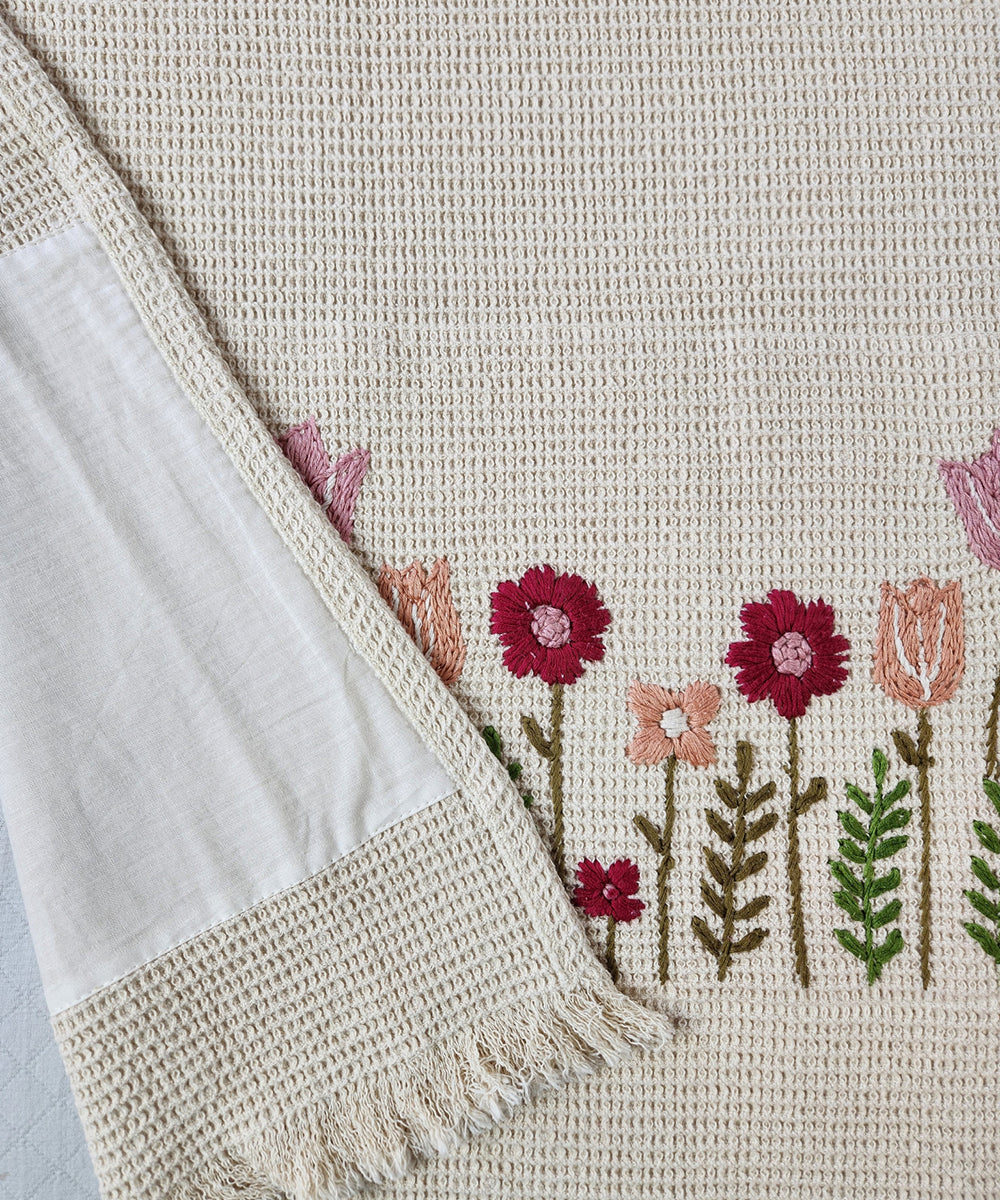 Embroidered 1 Pc Bath and 2 Pcs Hand Towel Set | Cotton Waffle Fabric | Beige