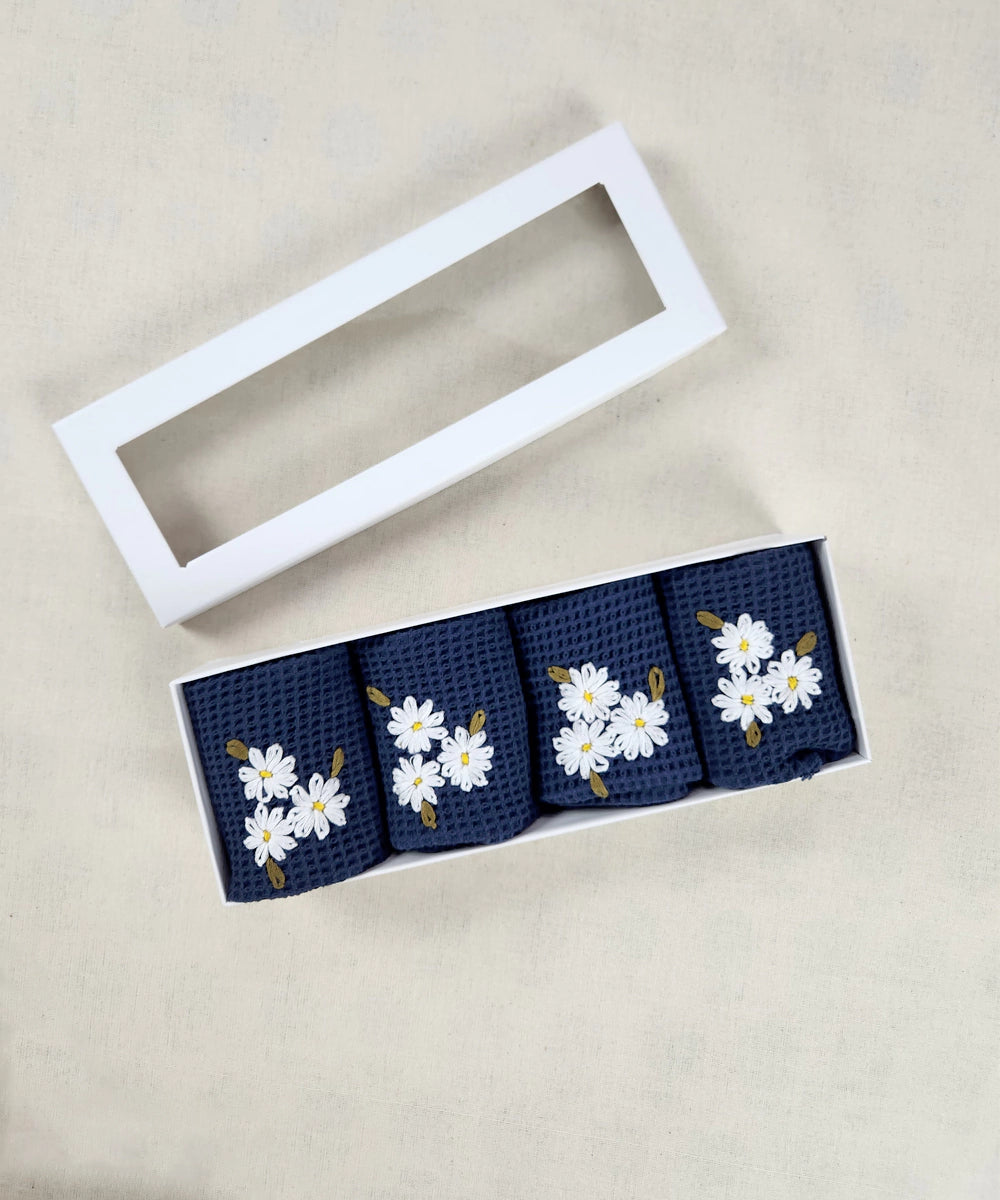 Embroidered Face Towel - Set of 4 pcs in Soft Cotton Waffle | Navy