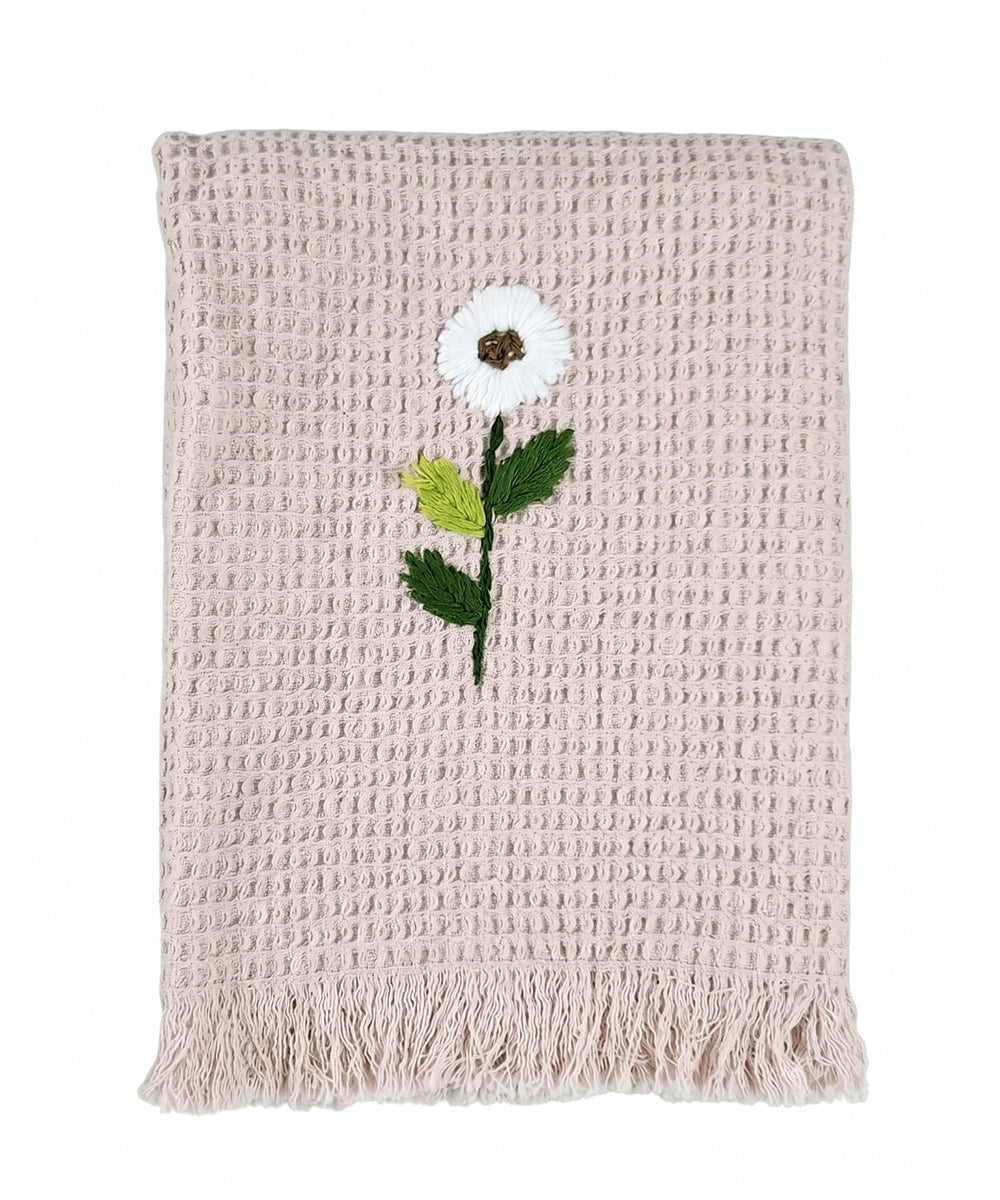 Embroidered Hand Towel - Set of 2 pcs in Soft Cotton Waffle | Light Pink