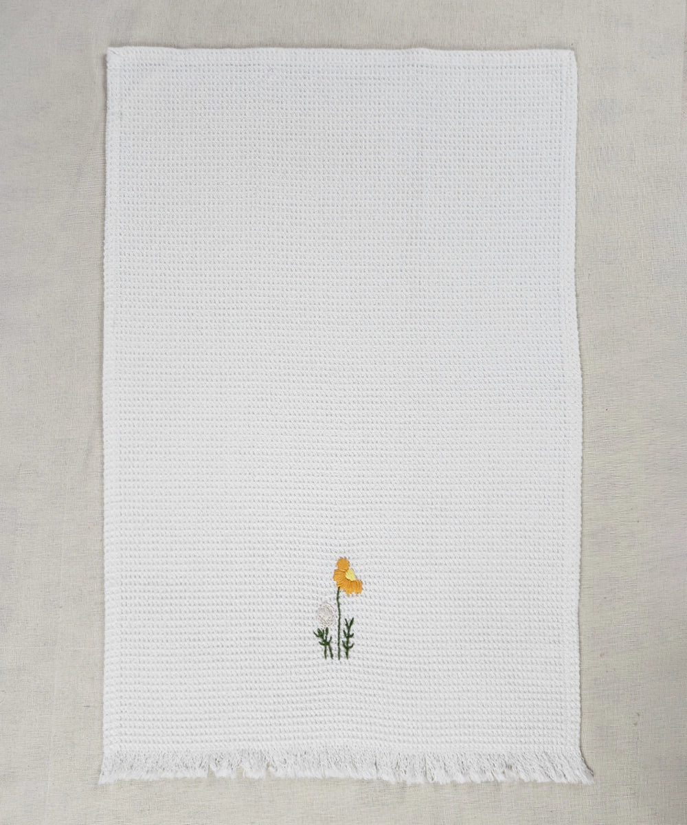 Embroidered Hand Towel - Set of 2 pcs in Cotton Waffle | Saffron Spring Off White