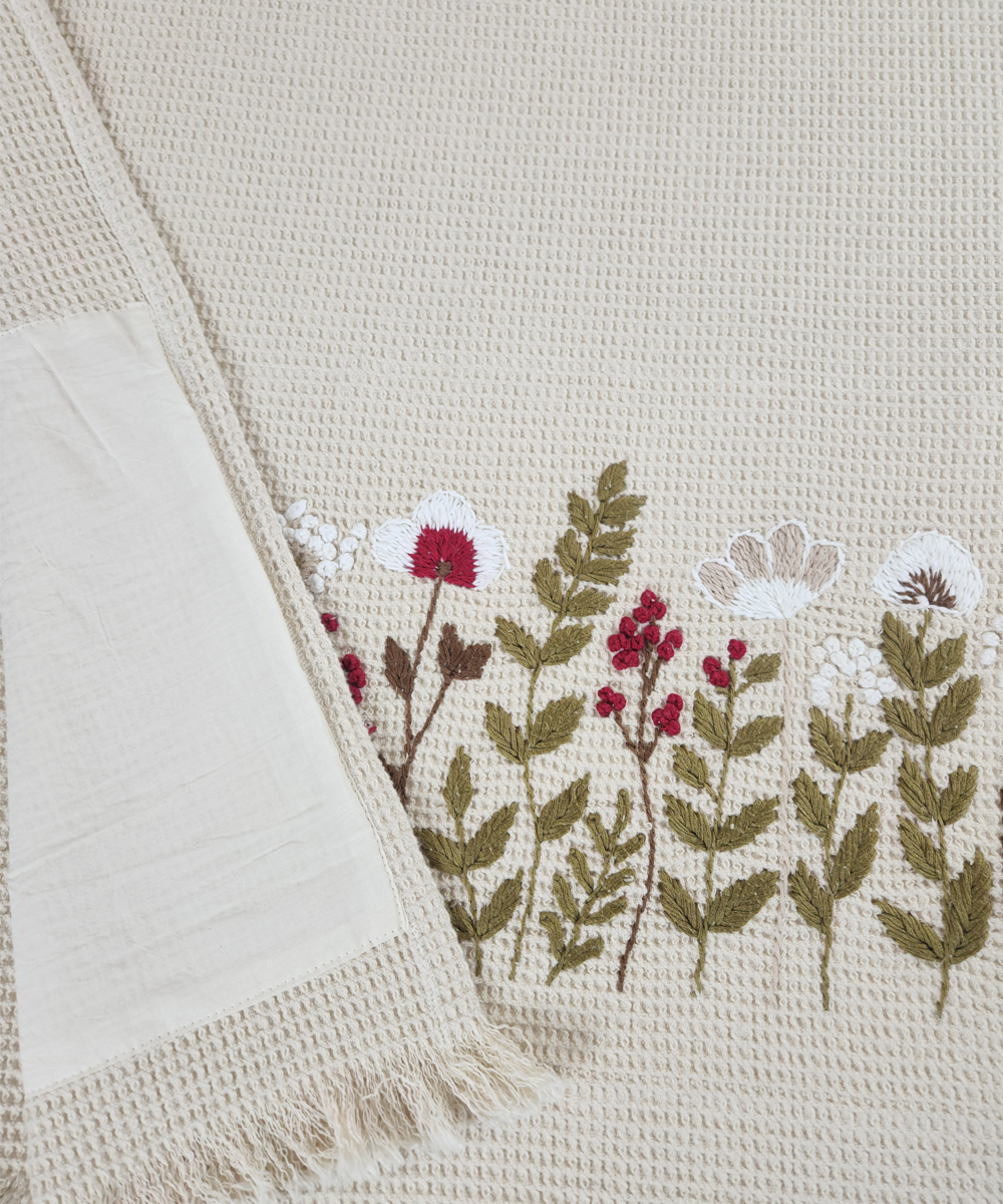 Embroidered Bath Towel | Soft Cotton Waffle | Beige