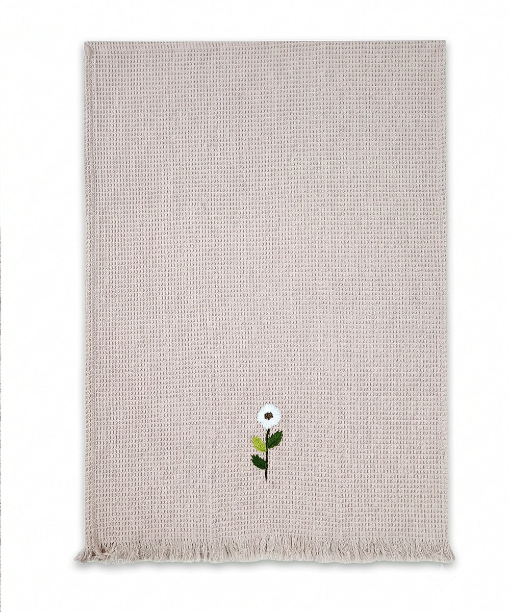 Embroidered Hand Towel - Set of 2 pcs in Soft Cotton Waffle | Light Pink