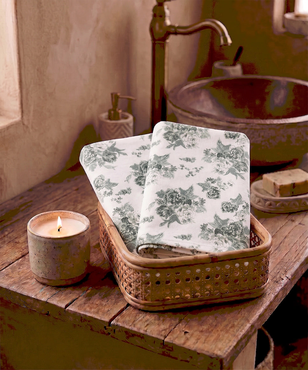 Set of 2 Printed Hand Towel I Printed Cotton Front with Light Weight White Terry Back | Off White with Green Floral Print