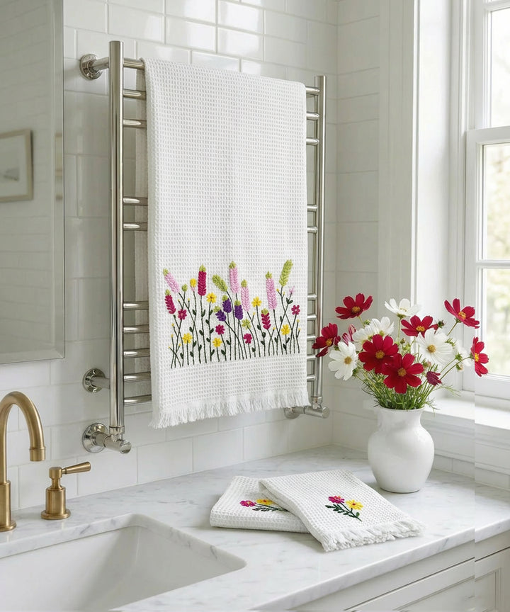 Embroidered 1 Pc Bath and 2 Pcs Hand Towel Set | Cotton Waffle Fabric | White
