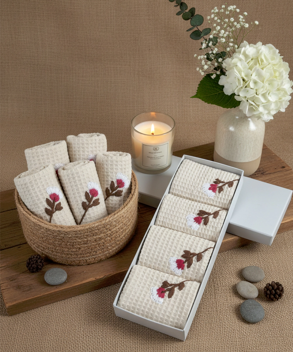 Embroidered Face Towel - Set of 4 pcs in Soft Cotton Waffle | Beige