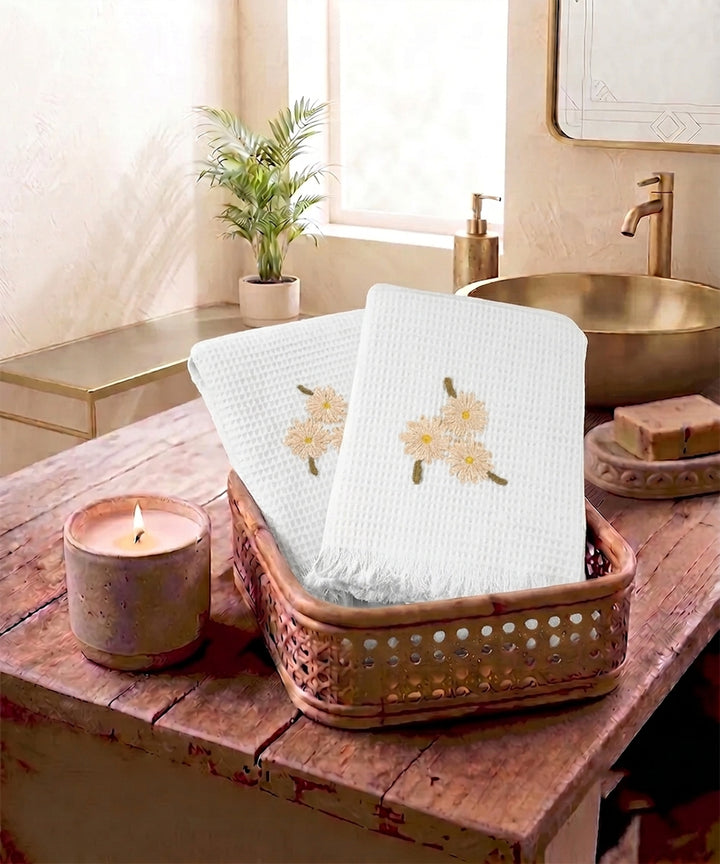 Embroidered Hand Towel - Set of 2 pcs in Soft Cotton Waffle | White