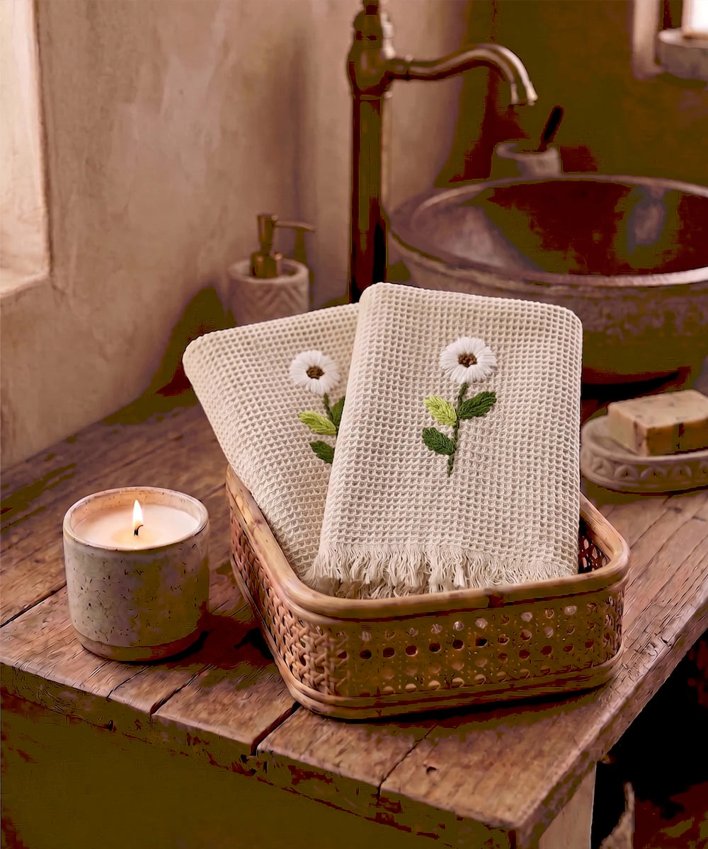 Embroidered Hand Towel - Set of 2 pcs in Soft Cotton Waffle | Light Pink