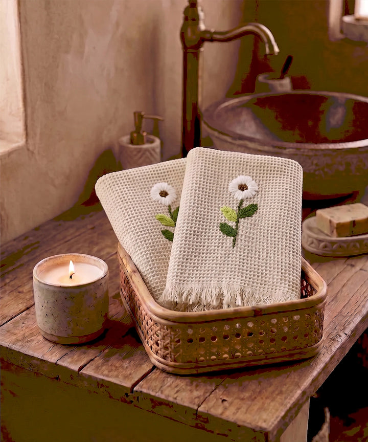 Embroidered Hand Towel - Set of 2 pcs in Soft Cotton Waffle | Light Pink
