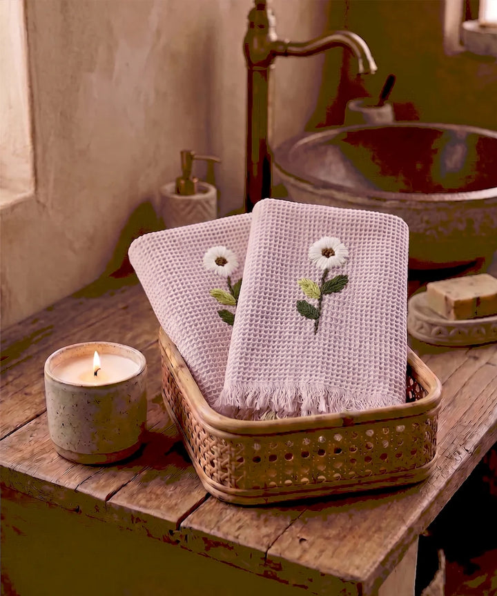 Embroidered Hand Towel - Set of 2 pcs in Soft Cotton Waffle | Light Pink