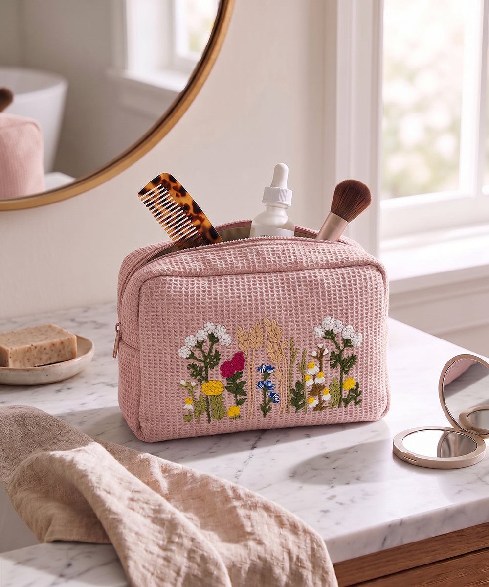 Dusty Pink Boho Bloom Hand Embroidered Cotton Waffle Pouch