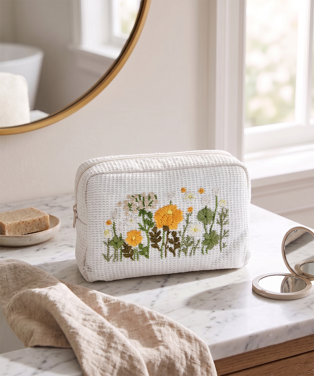Off White Saffron Spring Hand Embroidered Cotton Waffle Pouch