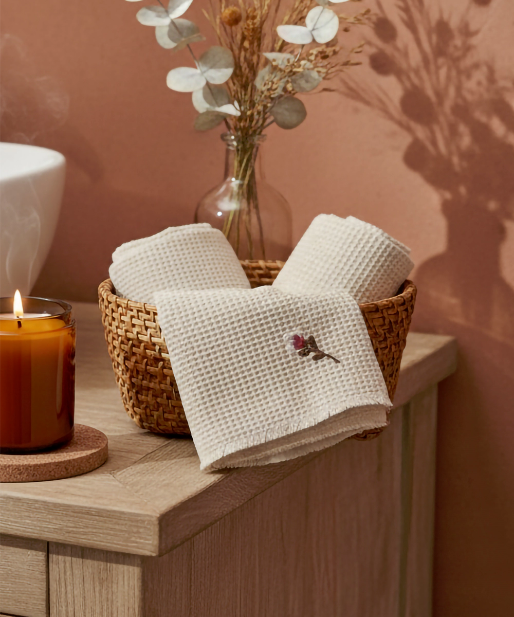 Embroidered Hand Towel - Set of 2 pcs in Soft Cotton Waffle | Beige