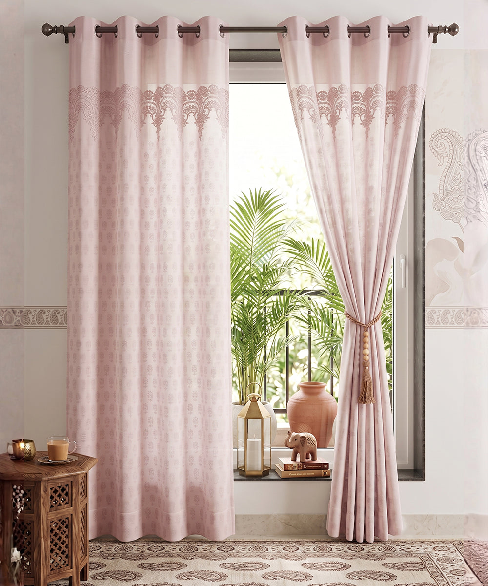 Dusty Pink Mughal Embroidered Cotton Linen Curtain