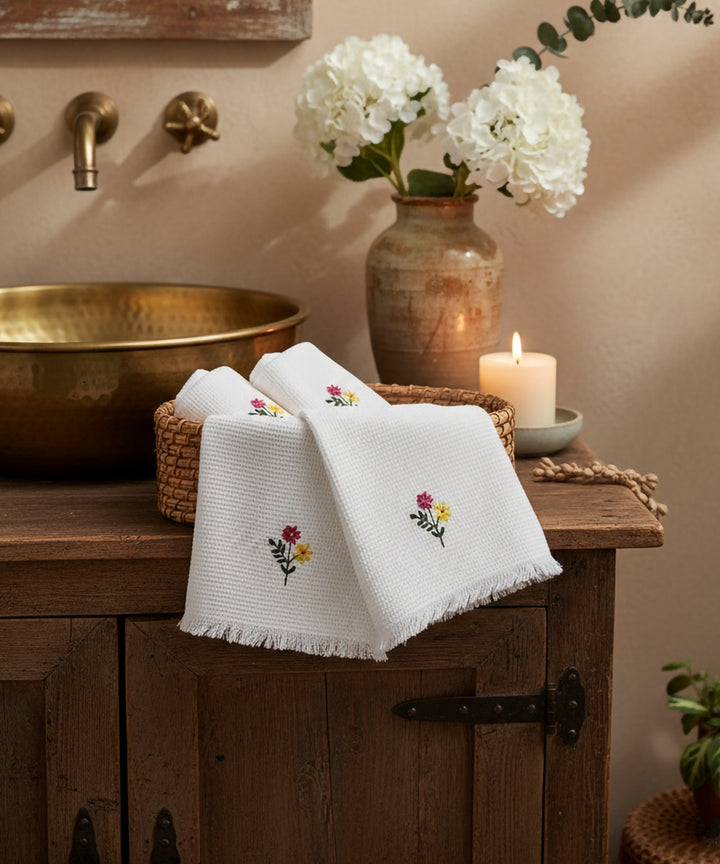 Embroidered Hand Towel - Set of 2 pcs in Soft Cotton Waffle | White