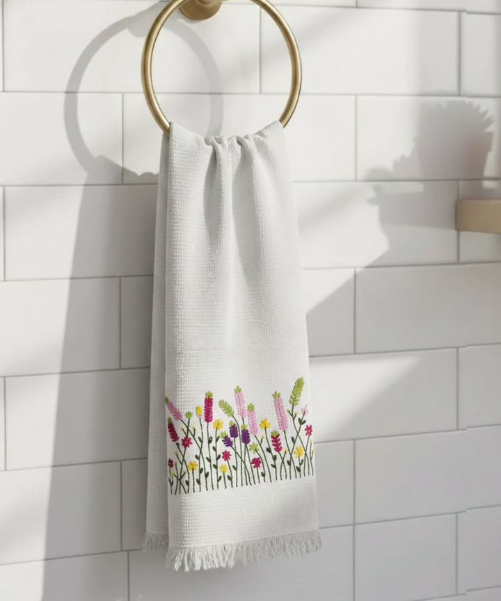Embroidered Bath Towel | Soft Cotton Waffle | White