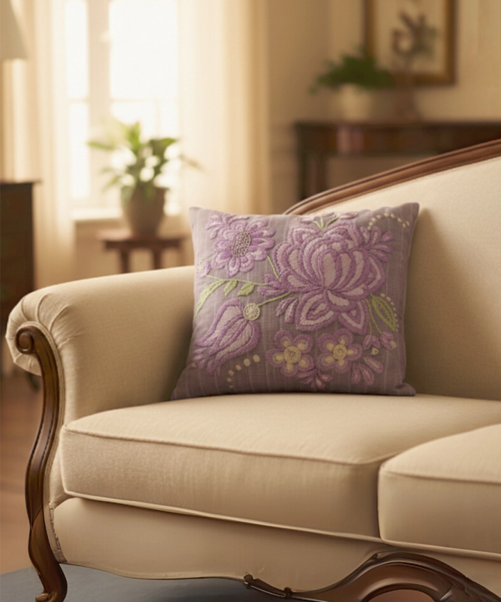 Lilac Floral Hand Embroidered Cushion Cover (16x16 Inches)