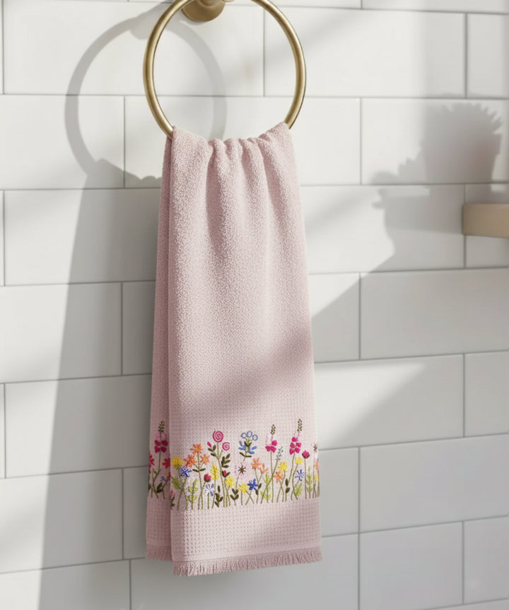 Embroidered Bath Towel | Soft Cotton Waffle | Dusty Pink