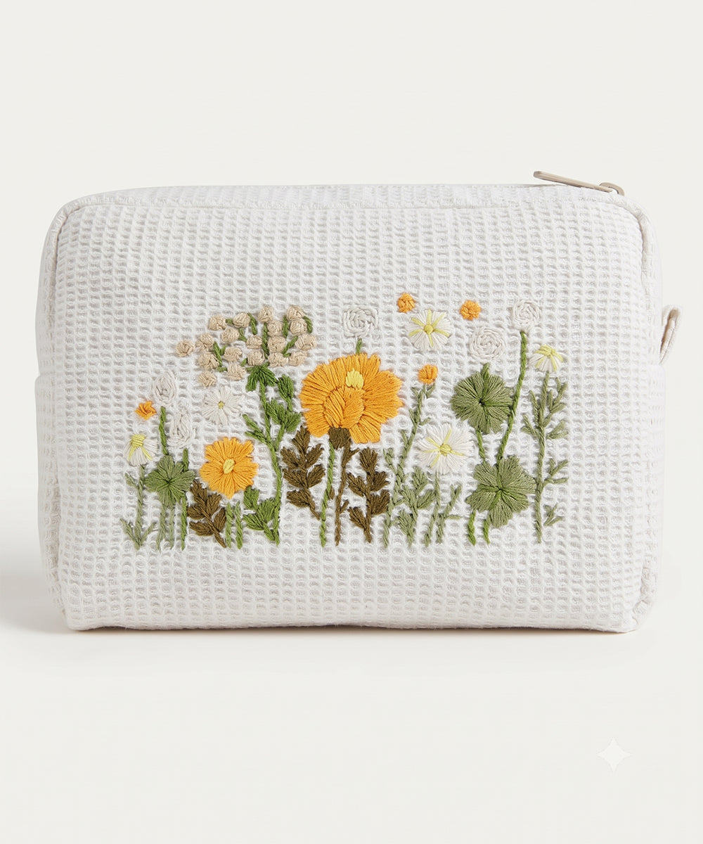 Off White Saffron Spring Hand Embroidered Cotton Waffle Pouch