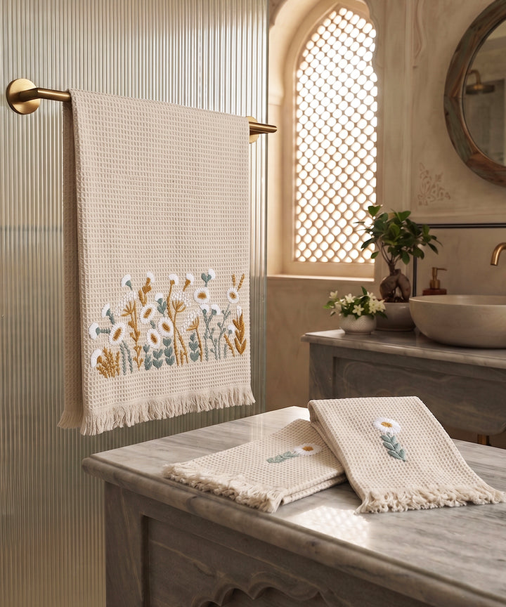 Embroidered 1 Pc Bath and 2 Pcs Hand Towel Set | Cotton Waffle Fabric | Beige