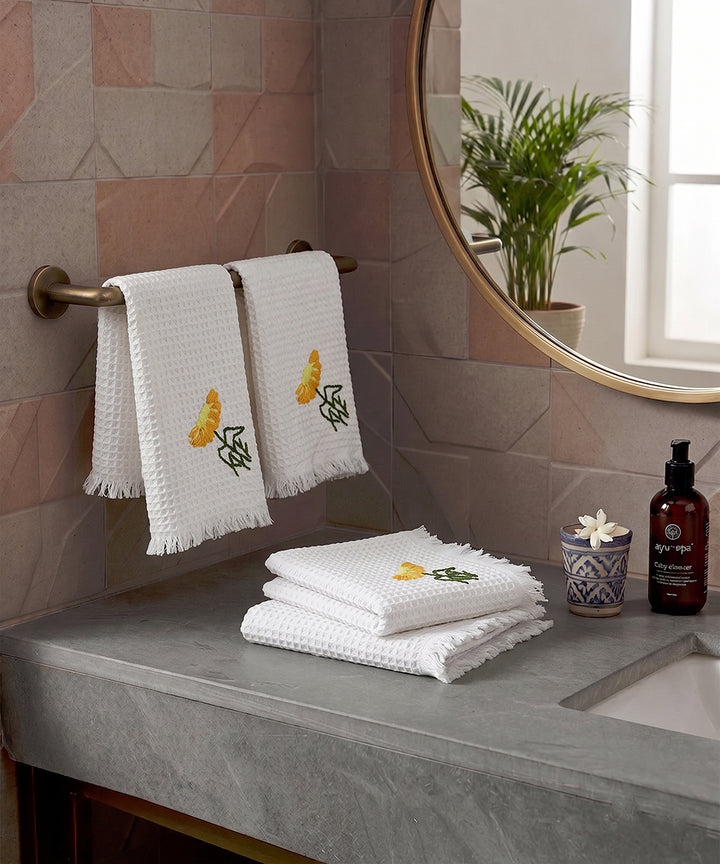 Embroidered Face Towel - Set of 4 pcs in Soft Cotton Waffle | White