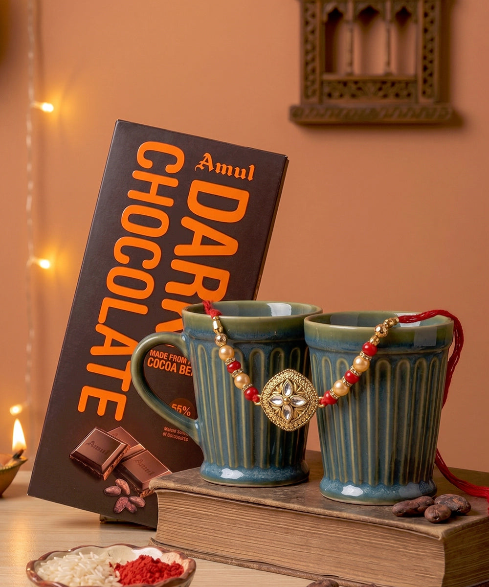 2 pcs Medium Blue Ribbed Ceramic Coffee Mug with Rakhi & Chocolate