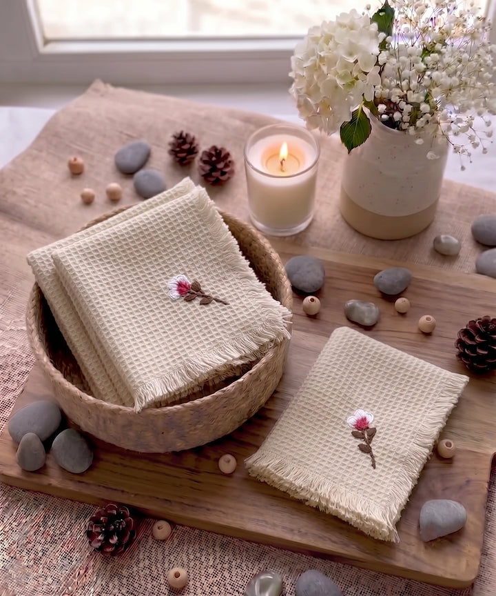Embroidered Face Towel - Set of 4 pcs in Soft Cotton Waffle | Beige