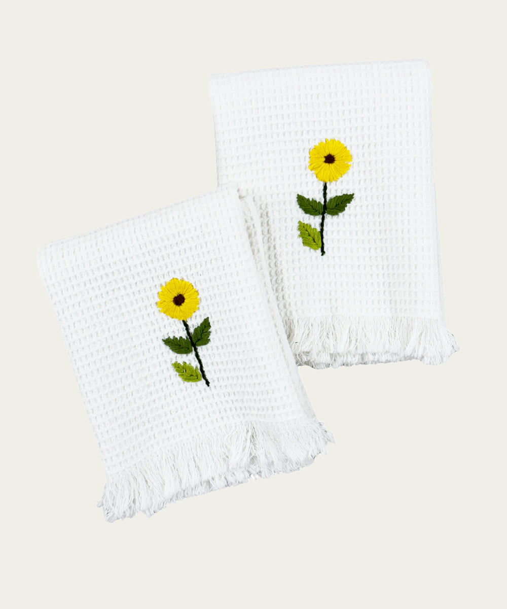 Embroidered 1 Pc Bath and 2 Pcs Hand Towel Set | Cotton Waffle Fabric | White