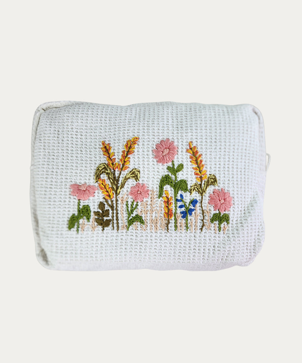 Off White Whitefield Bloom Hand Embroidered Cotton Waffle Pouch