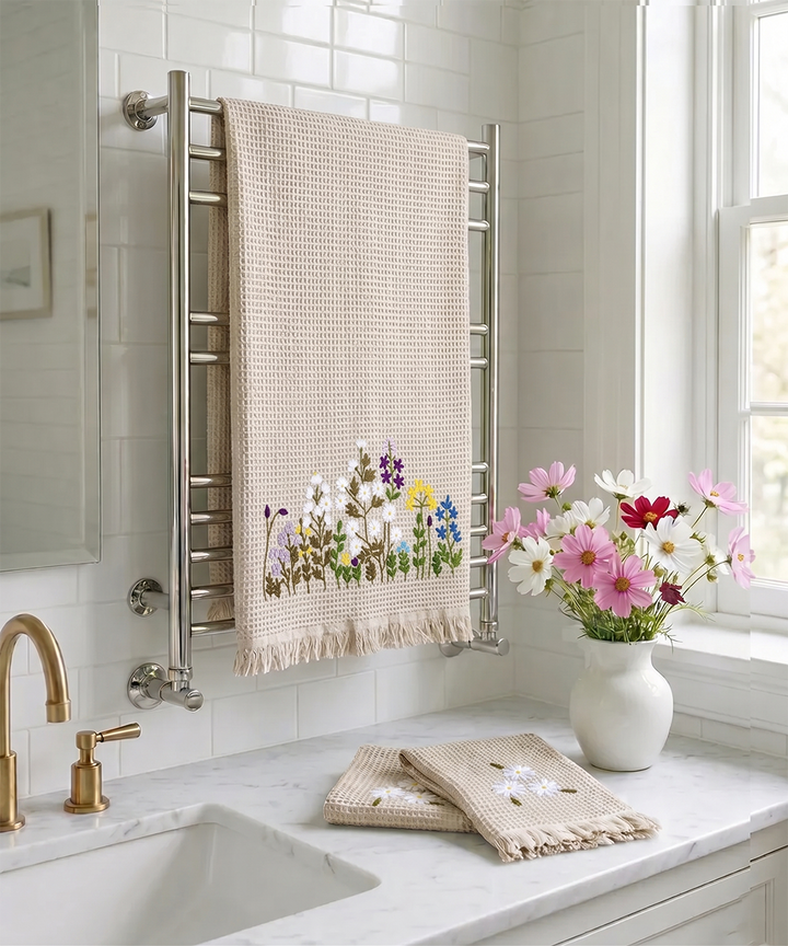 Embroidered 1 Pc Bath and 2 Pcs Hand Towel Set | Cotton Waffle Fabric | Beige