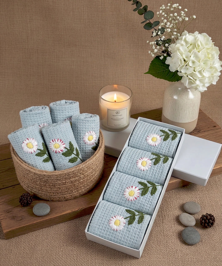 Embroidered Face Towel - Set of 4 pcs in Soft Cotton Waffle | Aquamarine Blue