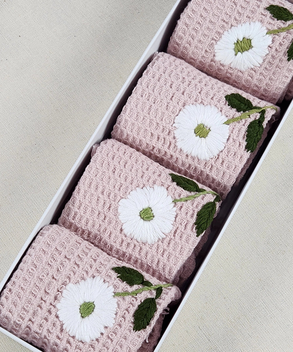 Embroidered Face Towel - Set of 4 pcs in Soft Cotton Waffle | Dusty Pink