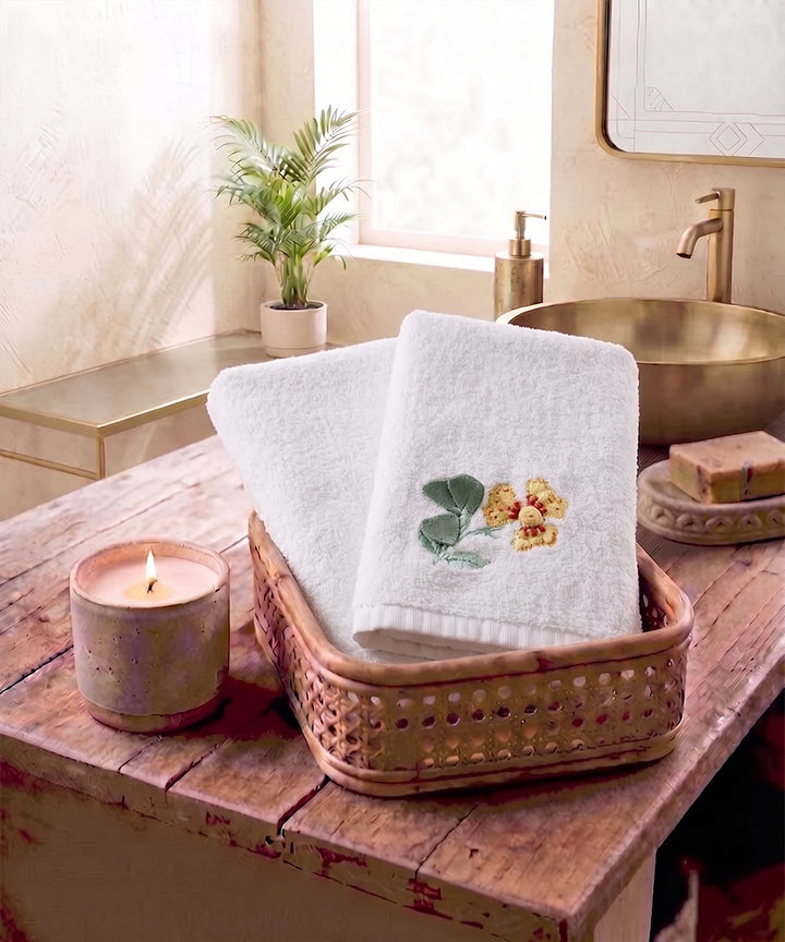 Set of 2 pcs Cotton Terry Embroidered Hand Towel | White