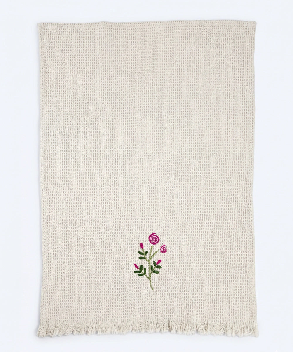 Embroidered Hand Towel - Set of 2 pcs in Soft Cotton Waffle | Beige Tulip