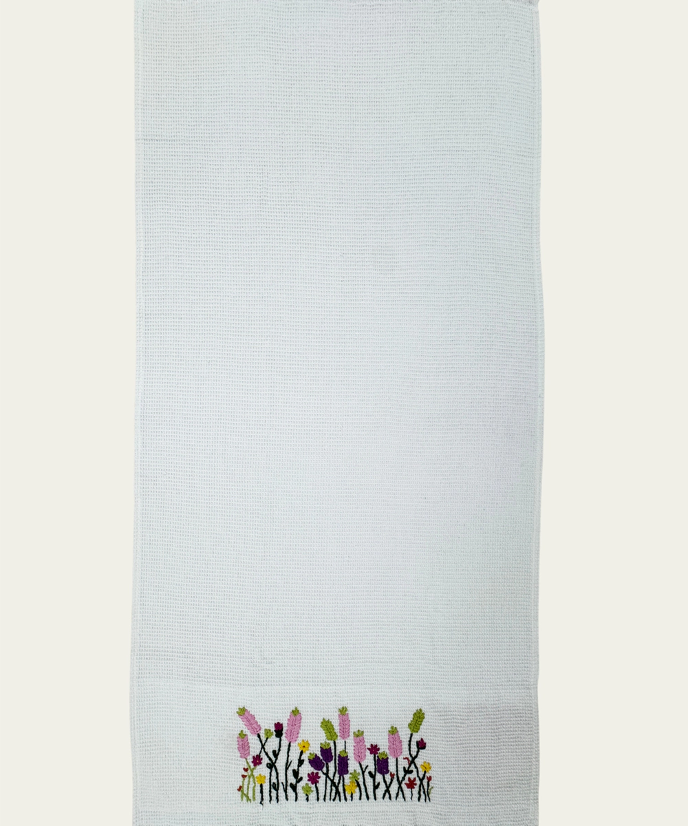 Embroidered 1 Pc Bath and 2 Pcs Hand Towel Set | Cotton Waffle Fabric | White