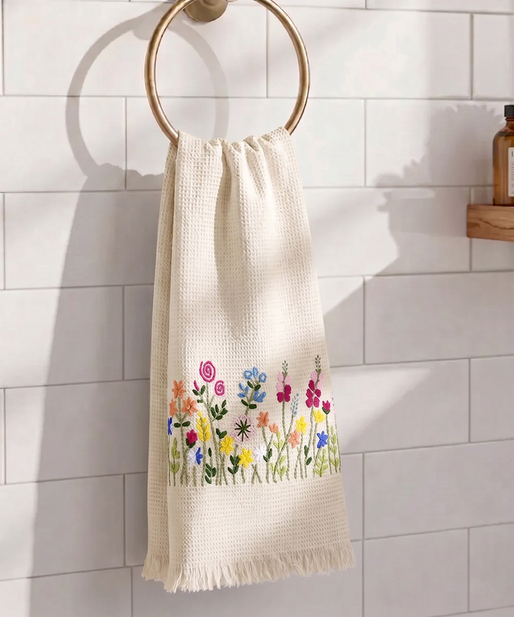 Embroidered Bath Towel | Soft Cotton Waffle | Beige Tulip