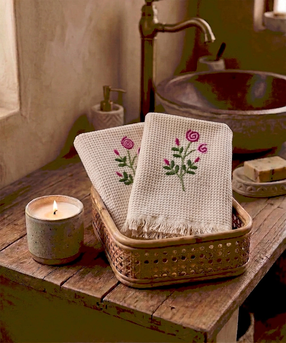 Embroidered Hand Towel - Set of 2 pcs in Soft Cotton Waffle | Beige Tulip