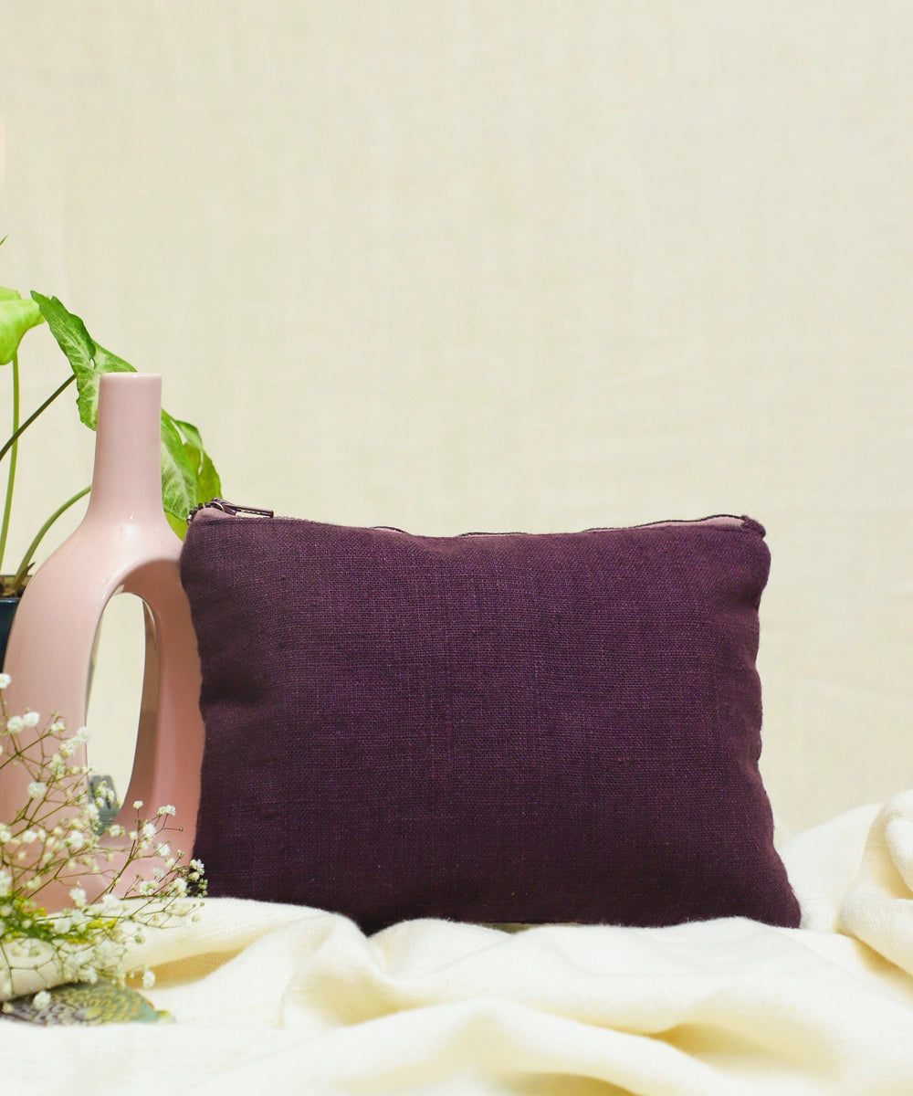 Deep Purple hand embroidered  Pure Linen Utility Pouch with Lining & Zip